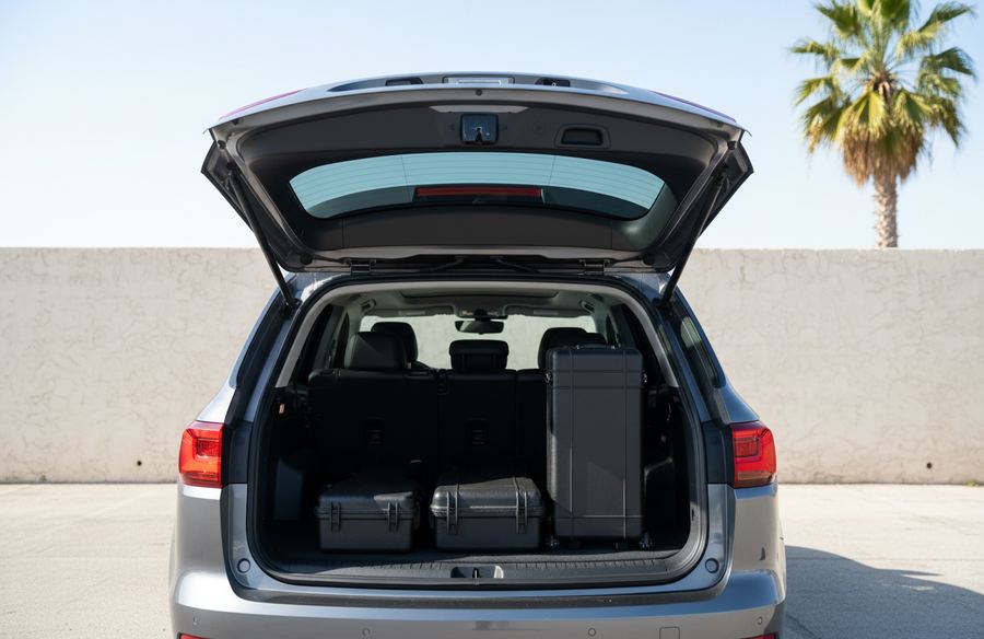 Open cargo area of a silver SUV holding three black hard cases, parked by a pale stucco wall with a palm tree under a clear sky