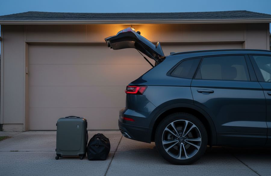 A gray SUV with its tailgate open in a driveway at dusk, a suitcase and a black duffel bag on the concrete by the garage door